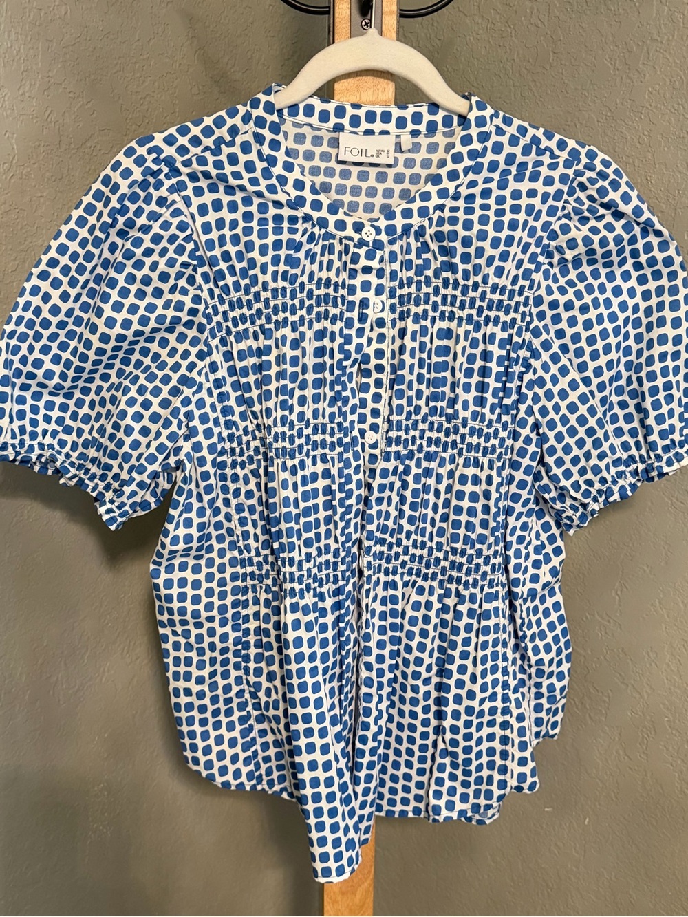 Foil Blue and White Smocked Short Sleeve Blouse
